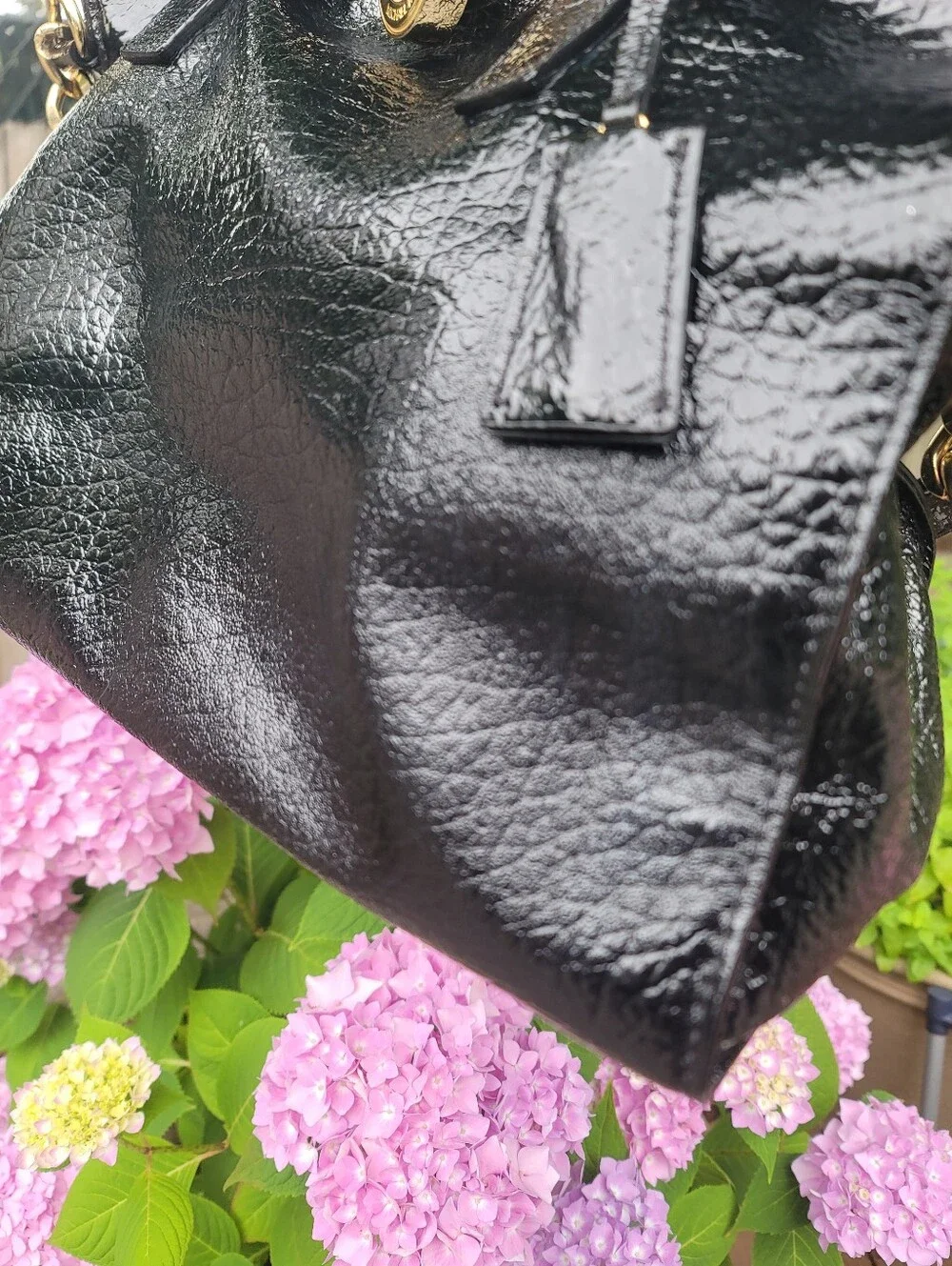MK Black Patent Leather Tote Handbag with Gold Hardware